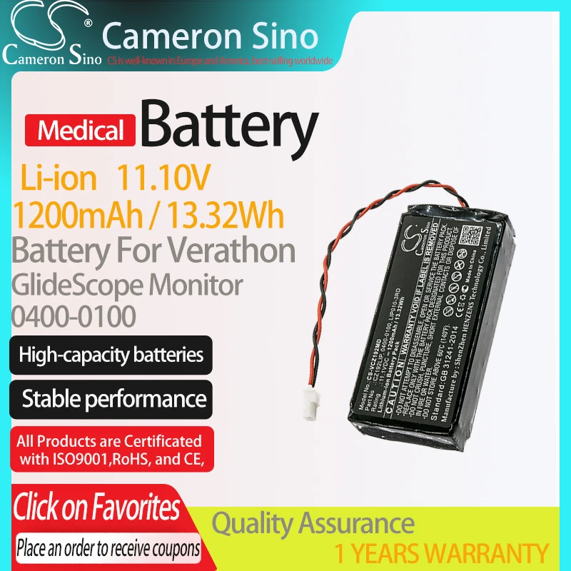 CameronSino Battery for Verathon GlideScope Monitor 0400-0100 fits Verathon CZ192LIP Medical Replacement battery 1200mAh/13.32Wh