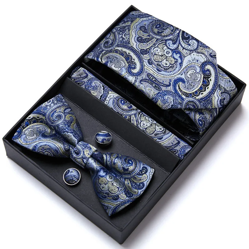 Formal Dress Tuxedo NeckTie Handkerchief Men\'s  Bow Tie Set Silk Striped Party Groom Wedding Butterfly Bowtie In Box