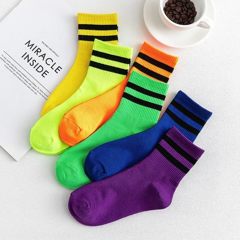 Cool Skate Neon Color Stripes Cotton Crew Socks Retro Old School Hiphop Harajuku Yellow Green Orange Purple Stylish Streetwear