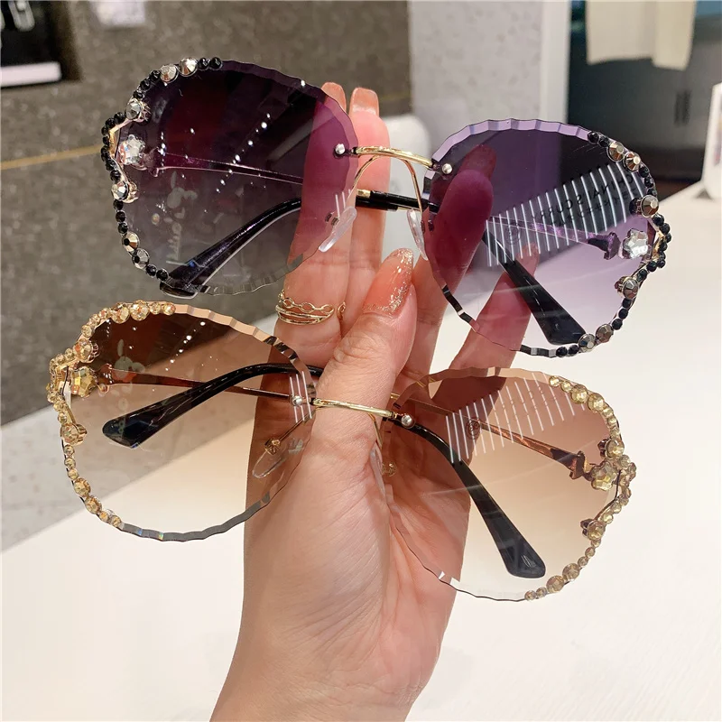 2021 New Fashion Women Sunglasses Luxury Brand Designer Rimless Ocean Lens Vintage Shades Metal Frame Eyewear Oculos De Sol