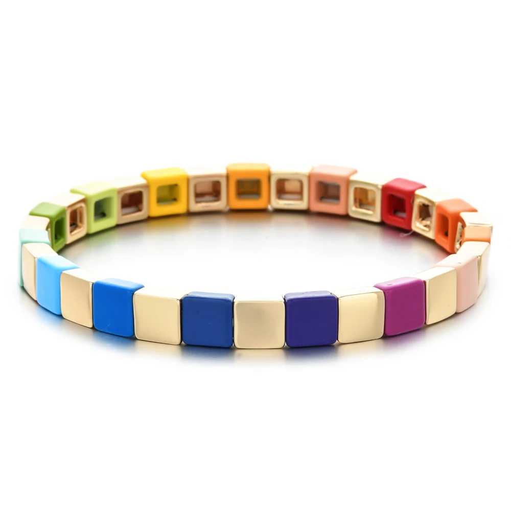 2024 Spring Boho Bracelet Handmade Friendship Braided Stackable Enamel Rainbow Tile Bracelet Fashion Street Photography Bangles