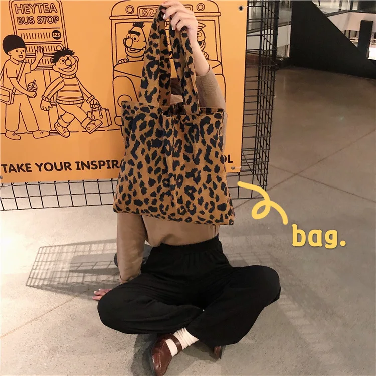 Leopard Print Women Shoulder Bags Vintage Ladies Corduroy Vest Bag Large Capacity Female Reusable Shopping Handbags Casual Tote