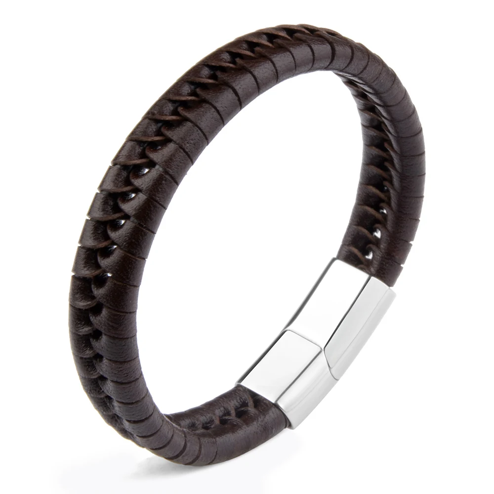 White Single Stripe Leather Bracelet Stainless Steel Magnetic Clasp Charm Simple Fashion Bangles Accessories For Male