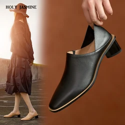 Women Pumps Natural Leather Shoes Plus Size 22-26cm Cowhide Upper Pigskin Lining Two-wear Slippers Round Heel Small Square Toe