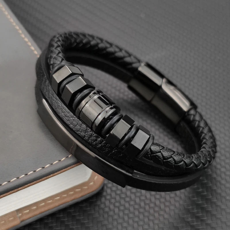 High Quality Luxury Accessories Bracelet Men's Fashion Gift Black Genuine Leather Bracelets DIY Combination Wild Handsome Gift