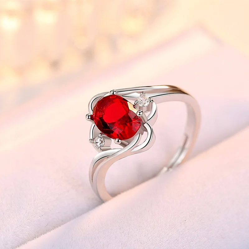 الرجعية خواتم 925 الفضة والمجوهرات البيضاوي خلق روبي حجر كريم زركون المفتوحة البنصر للنساء الزفاف المشاركة وعد حفلة