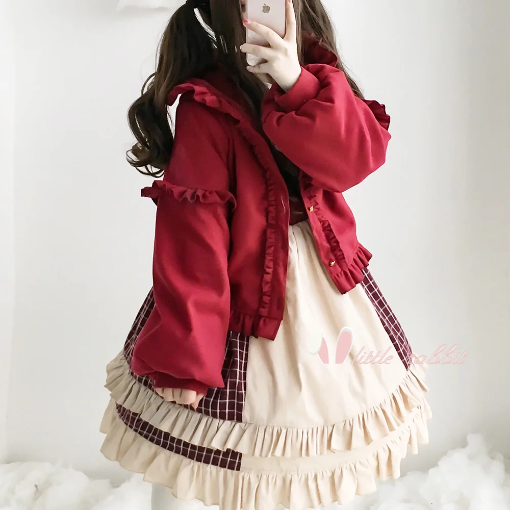 Japanese sweet Lolita coat autumn/winter plus velvet thickening wool Lolita kawaii jacket student long sleeve coat