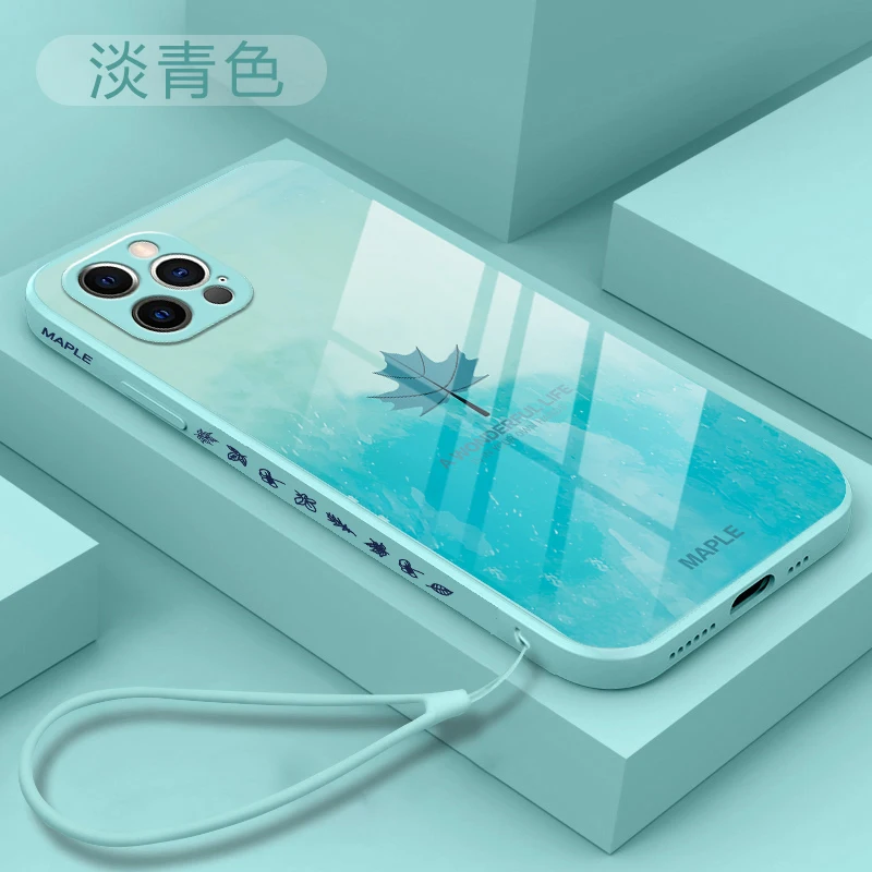 For Apple iphone 12 11 Pro Max Case Hard Tempered glass Square Maple leaf protect Back Cover Case For iphone XS Max XR 7 8 Plus