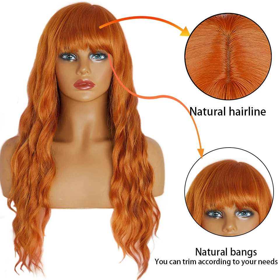 Long orange wig with bangs wavy curls ginger bangs synthetic women's orange long wig natural appearance suitable for daily