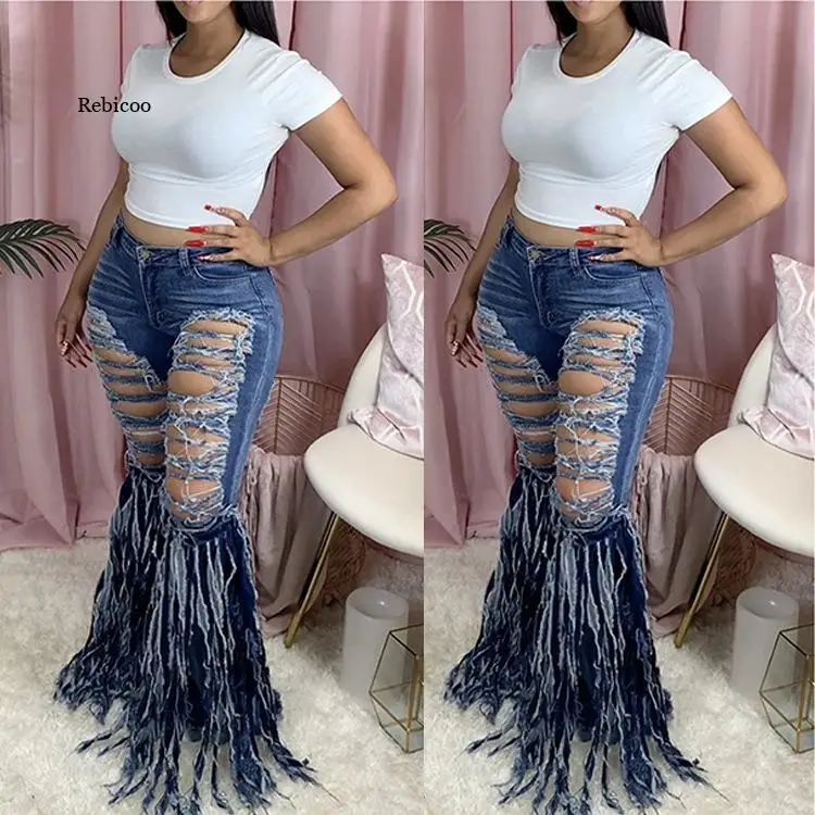 

Women Tassel Ripped Jeans High Waist Jeans Vintage Flare Jeans Holes Bell Bottom Jeans Denim Pants Female Trousers Retro
