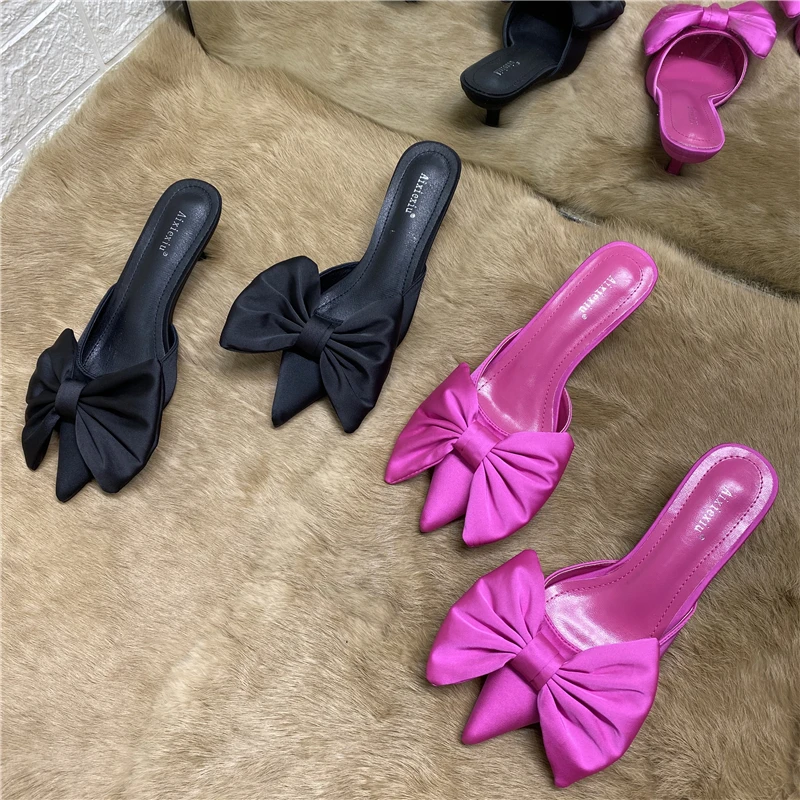 2021 Spring Pointed Toe Stiletto Heel Kitten Heels Bow Heel-Free Slippers for Women