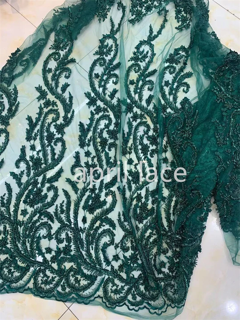 

Green Haute Couture 1 yard Sequin Hand Made Best Quality Luxury Embroidery Tulle Mesh Lace Fabric for Wedding Bridal Dress