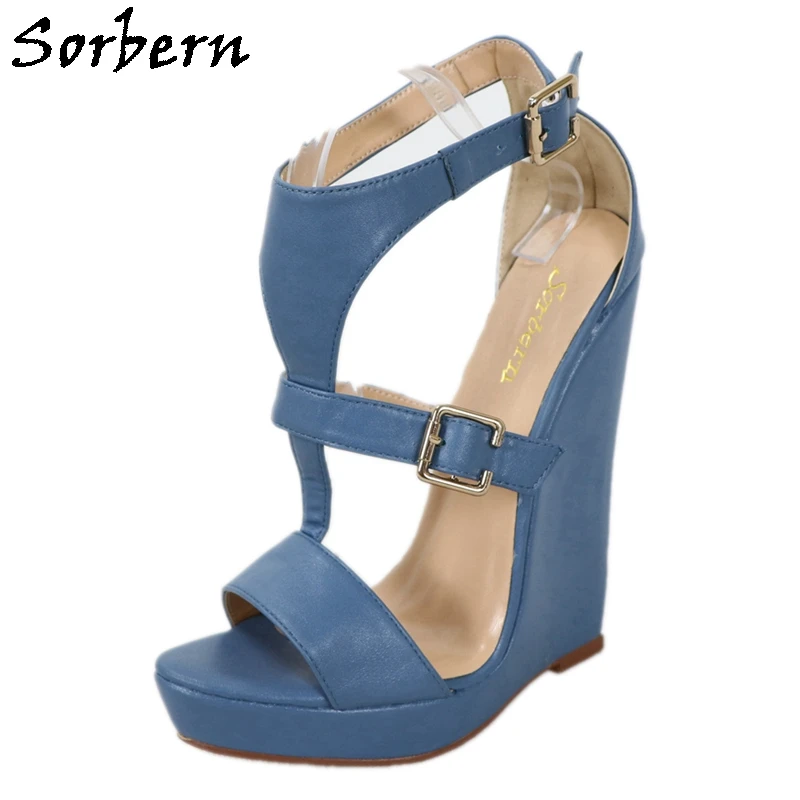 

Sorbern Vintage Blue Women Wedges Sandal High Heel Platform Summer Shoes T-Strap Customized Size 42 Unisex Sandal Shoes