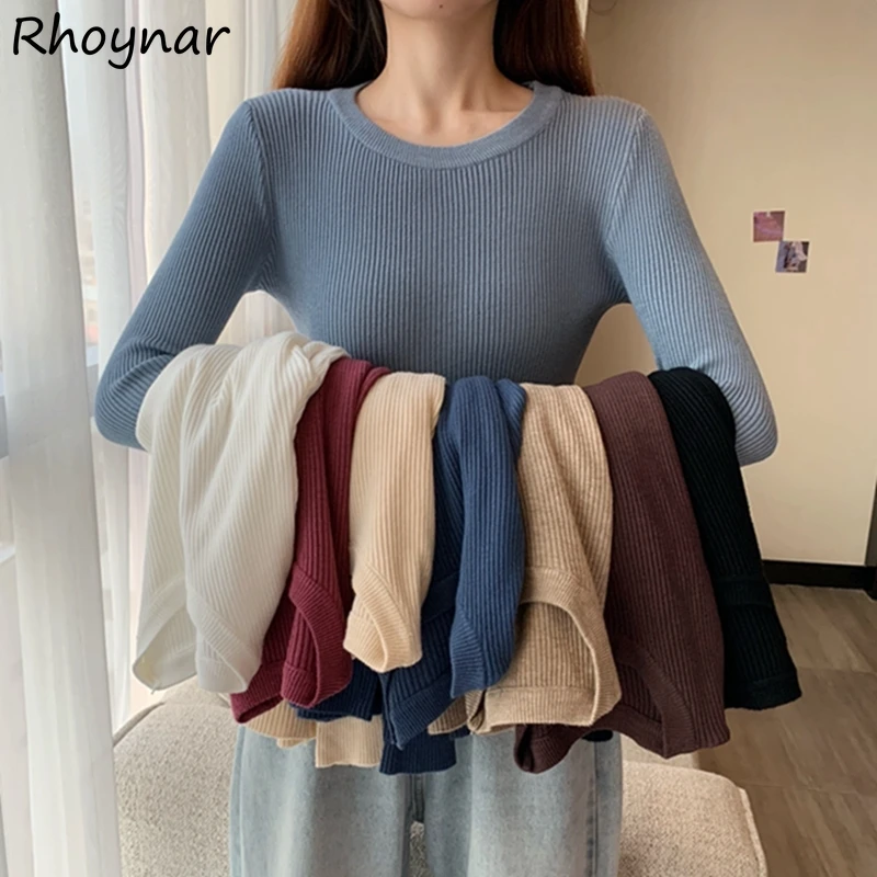 

Pullovers Women Knitted O-neck Basic Simple All Match Teenagers Femme Clothes Spring Fall Younger Sweaters Prevalent Solid Chic