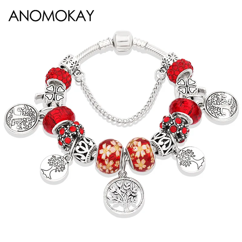 Romantic Red Flower Tree Couples Charm Bracelet for Wife Girl Women Silver Color Round Tree of Life Bead Bracelet DIY Pulseira