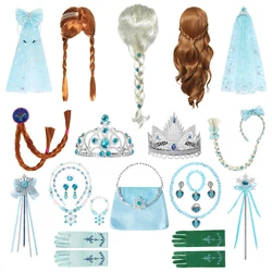 Accessoires de costume de cosplay de fête d'Halloween pour filles, Anna, Elsa, tresse de perruque, couronne de princesse, gants, baguette magique, collier, ensemble de bijoux, nouveau