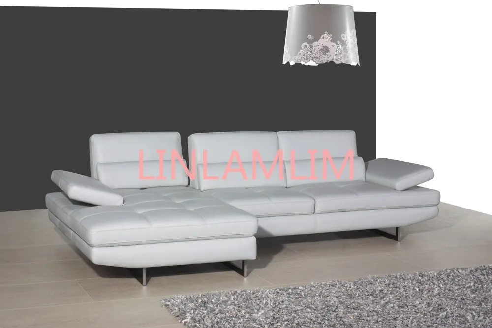 real leather sofa sectional living room sofa corner home furniture couch L shape functional headrest modern stainless steel legs