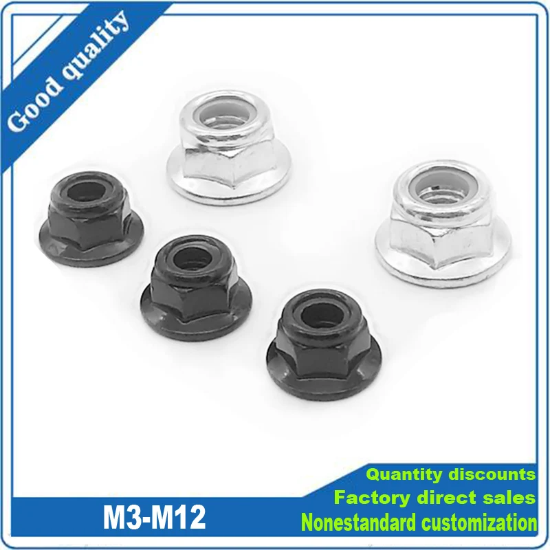 

2/5/10pc M3 M4 M5 M6 M8 M10 M12 Black Carbon 304 A2 Stainless Steel Hex Flange Nylon Insert Lock Nut Self-locking Nylock Locknut