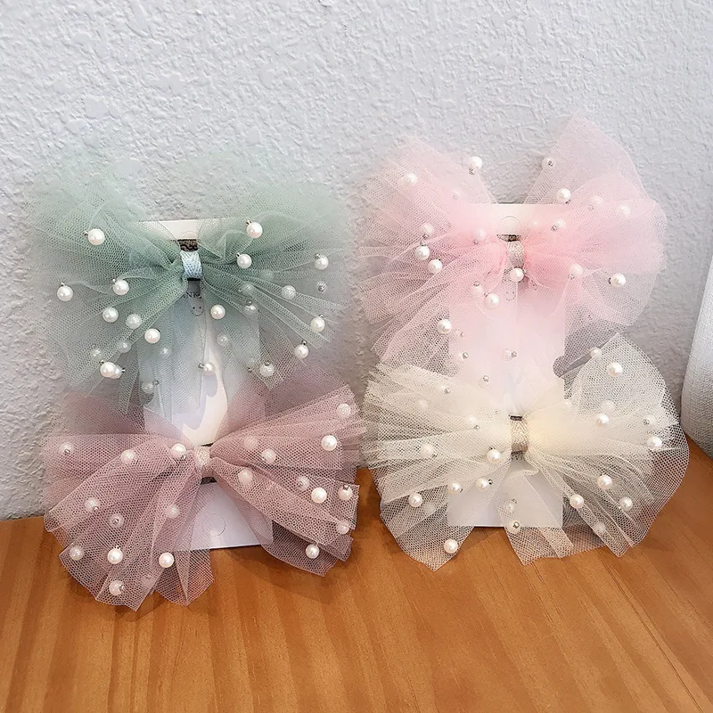 Children Girls Beautiful Net Yarn Bow Hairpins Imitation Pearl Girl Princess Baby Lace Sequin Hairpins Kids Hair Accessorie