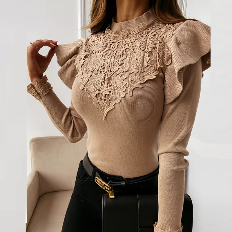 Women Autumn Solid Lace Patchwork Blouse Shirt Office Ladies Long Butterfly Sleeve Pullover Tops Casual O Neck Female Slim Blusa