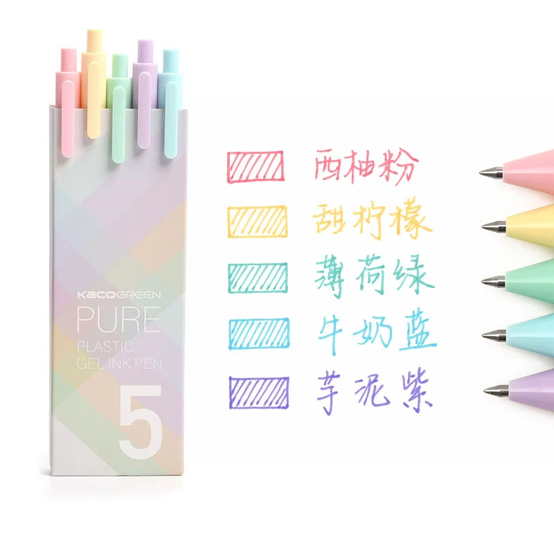 5pcs/box Kaco Macaron Colored Ink Gel Pens Retractable 0.5mm Fine Point Pastel Cute Pens for Taking Notes/Journaling/Coloring