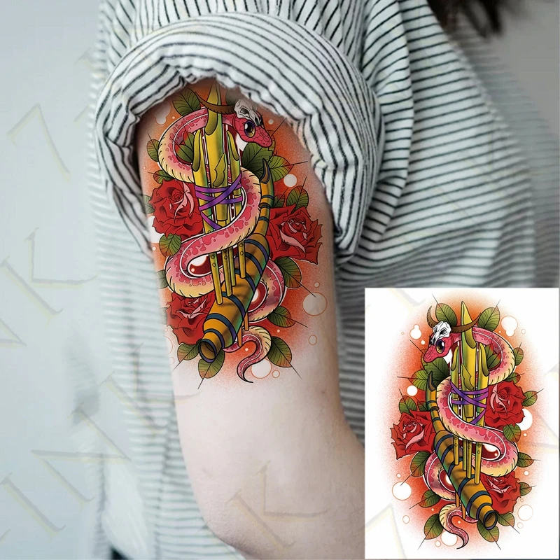 Waterproof Temporary Tattoo Stickers Classical Snake Red Reose Flute Skull Water Transfer Fake Tatoo Flash Tatto for Women Men