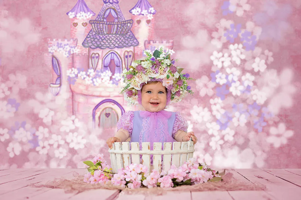 Lâu Đài Hồng Trẻ Em Phông Nền Chụp Ảnh Phòng Thu Công Chúa Sinh Nhật Nghệ Thuật Phông Nền Chụp Ảnh Cô Gái 1st Bánh Sinh Nhật Đập Tan Đạo Cụ