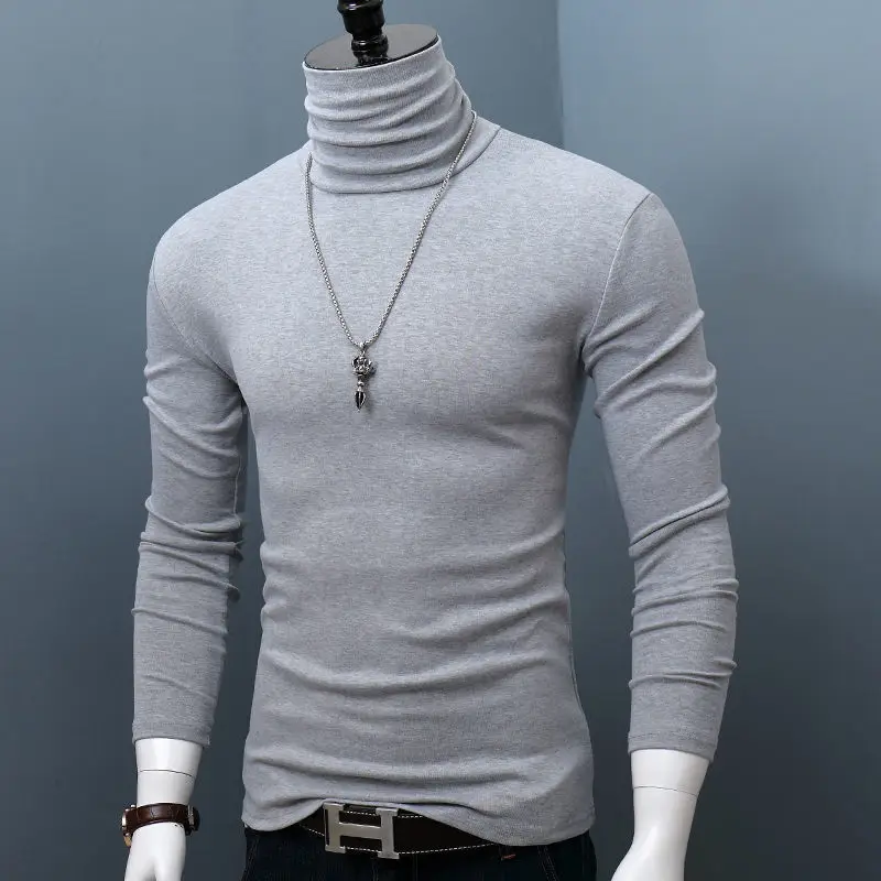 

2021 Autumn Winter Men's Long Sleeve Pure Cotton T-Shirt Male Turtleneck Slim Fit Solid T Shirts Casual Tops 6XL F292