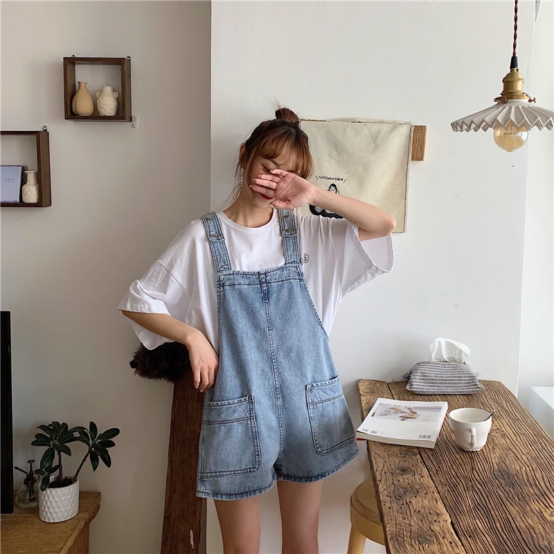 Mùa Hè Cao Cấp Quần Short Denim Nữ Áo Liền Quần Retro Hàn Quốc Tumblr Quần Jumpsuit Liền Quần Nữ Dáng Rộng Denim Treo Áo