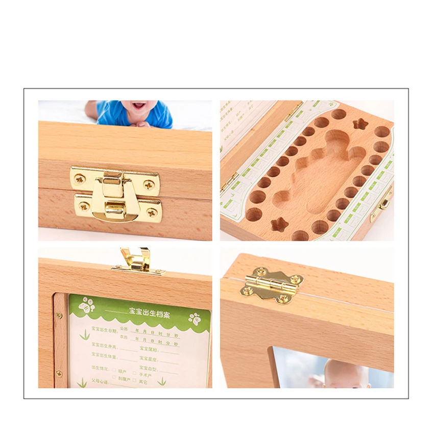 Baby Teeth Keepsake Box Photo Frame Tooth Holder Wooden First Lost Deciduous Tooth Collection Organizer Storage for Kids Memory