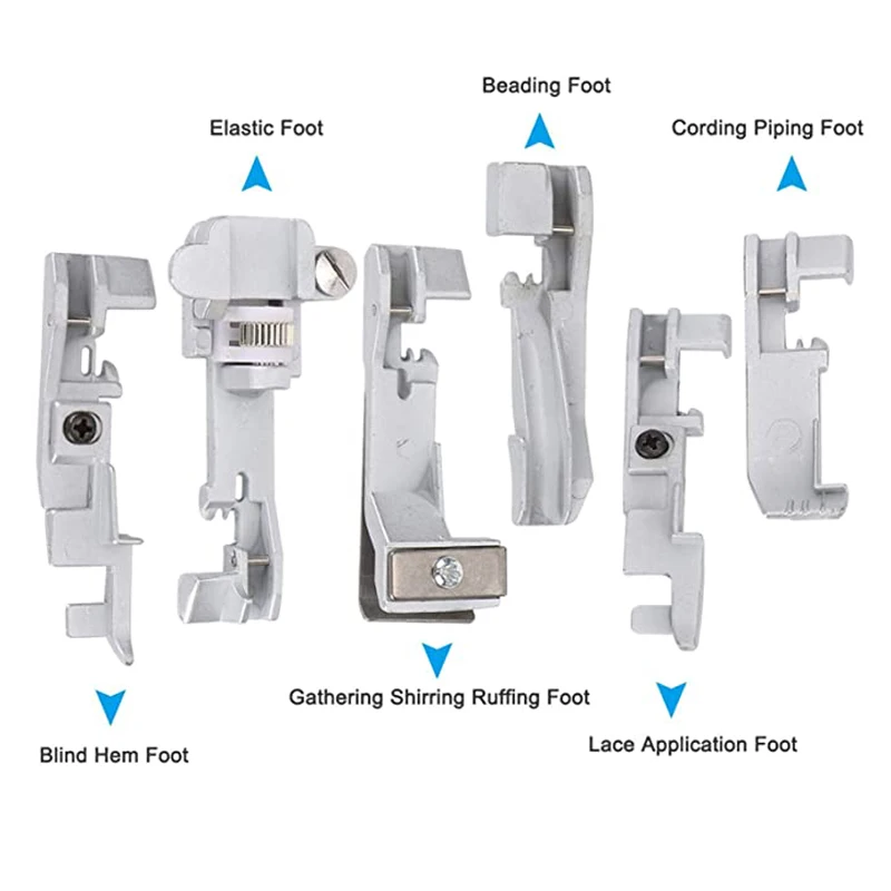 6Pcs Presser Foot Set for Singer 14U Household Multi‑Function Overlock Machine Gathering,Elastic,Cording Piping,Blind Hem,Lace..