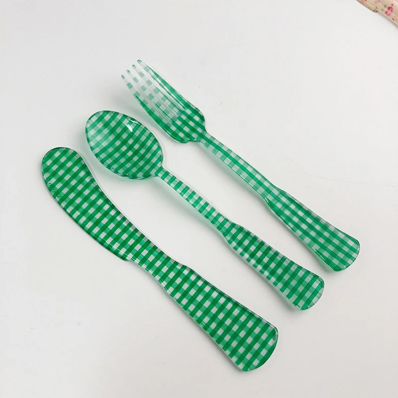 1 Set French Style Retro Plaid Dessert Spoon and Fork Plastic Tea Coffee Mixing Spoon Vintage Drink Tableware Flowers Teaspoons