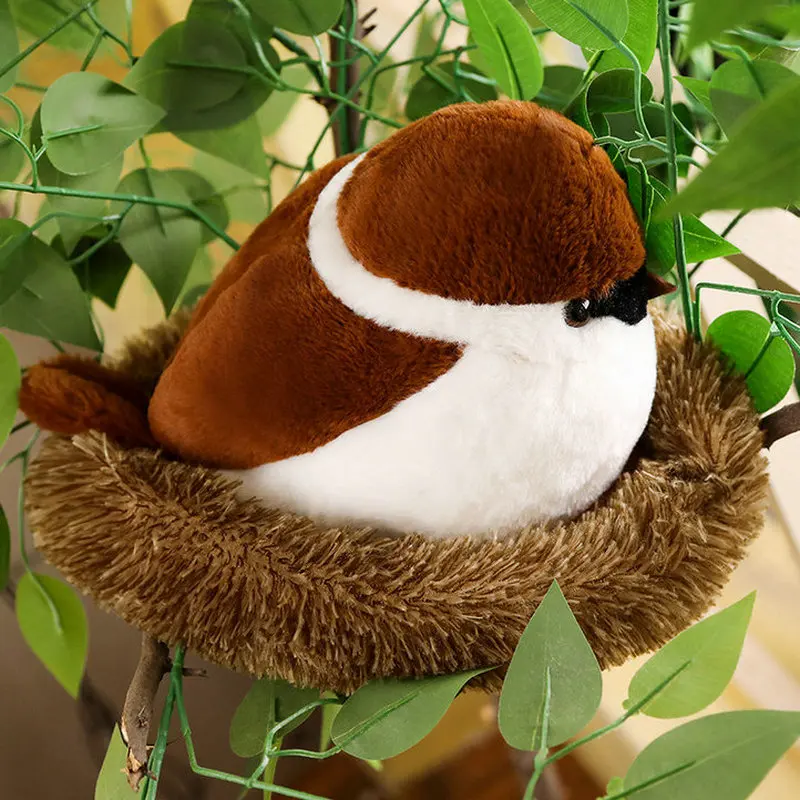 Sparrows Family Plush Toy Flying Brown Bird Lifelike Tree Animals Stuffed Doll with Nest Kids Comforting Gift