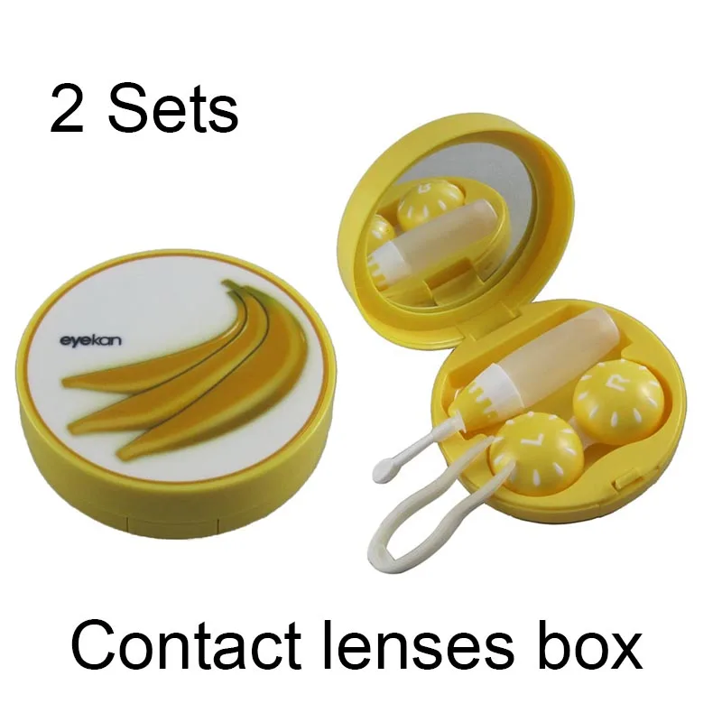 2 Sets Round Contact Lens Box Carry Holder Case Cleaning Stick Lens Tweezers/ Forceps Lens Solution Container Banana Pattern