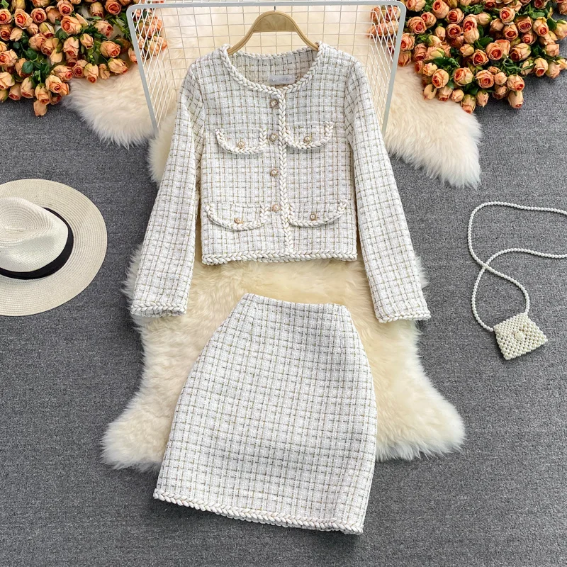 Blazer Mini Skirts Suits Women Plaid Short Two Piece Set Autumn Pink White Slim Tweed Jacket Half Skirt Female Two-Piece Sets