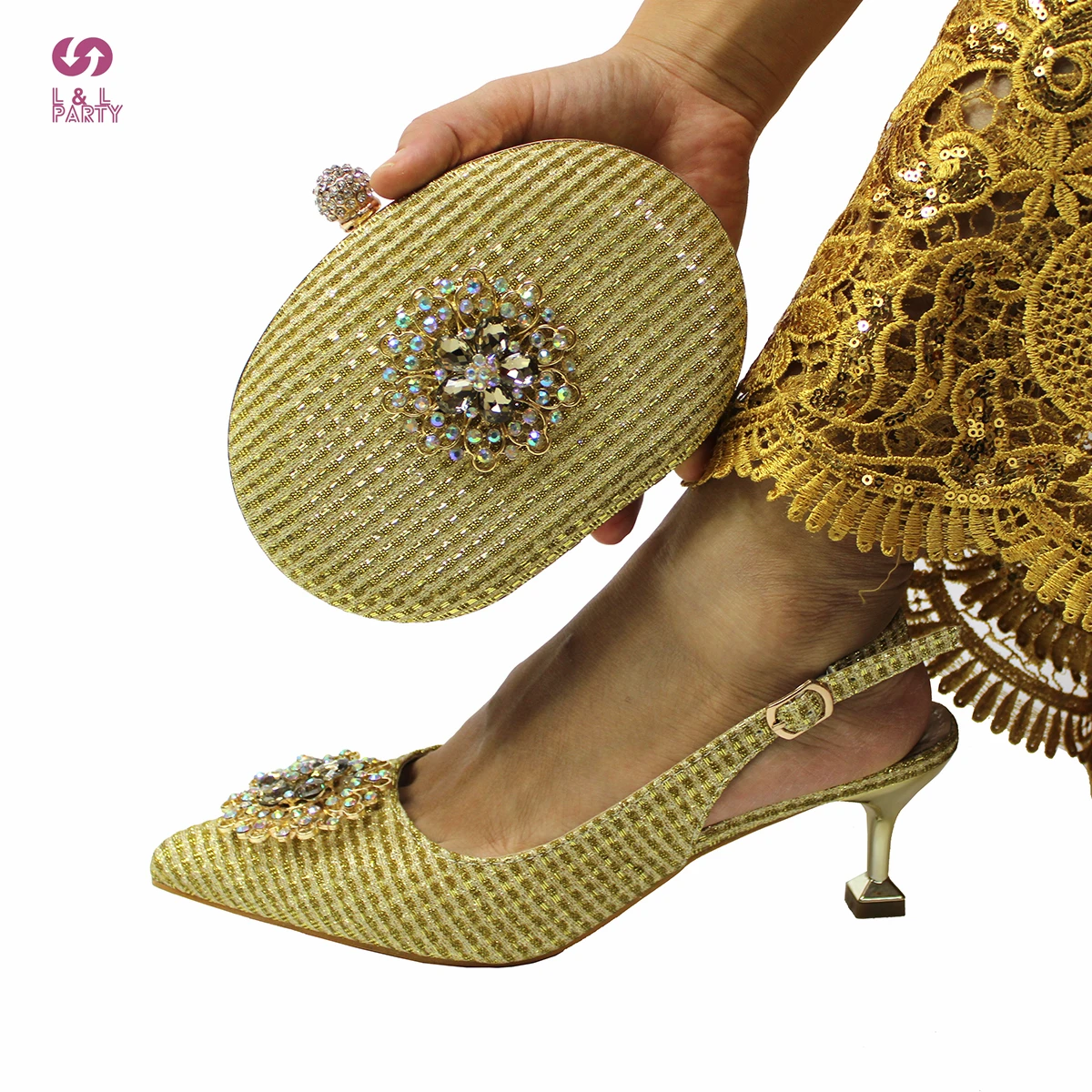 

2022 New Coming Italian Design Nigerian Women Shoes Matching Bag in Gold Color High Quality Pumps for Garden Party