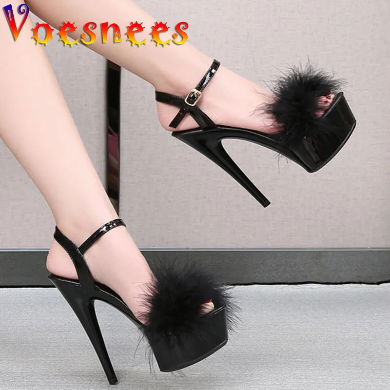 Fashion Up Fur Ultra High Women Sandal New Design Platform Night Club Dance Shoes Summer Pure Colour Buckle Strap High Heels