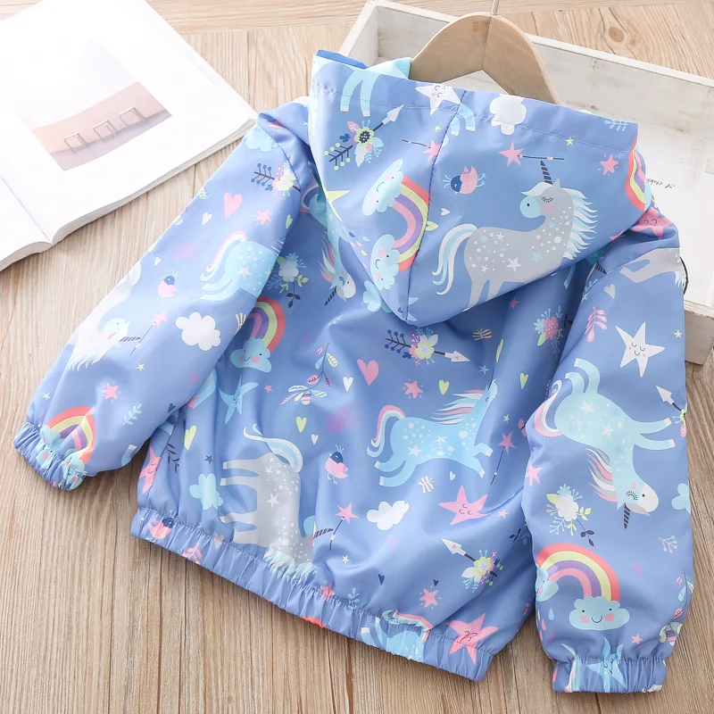 Kids Girls Long Sleeve Windbreaker Unicorn Jacket Cartoon Hooded Blue Color Jackets Fahion Outerwear for 2-7years Old