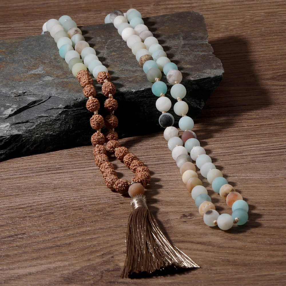 108 Mala Rudraksha & Matte Amazonite Beaded Knotted Necklace Blessing Meditation Yoga Prayer Japamala Jewelry Tassel Pendant