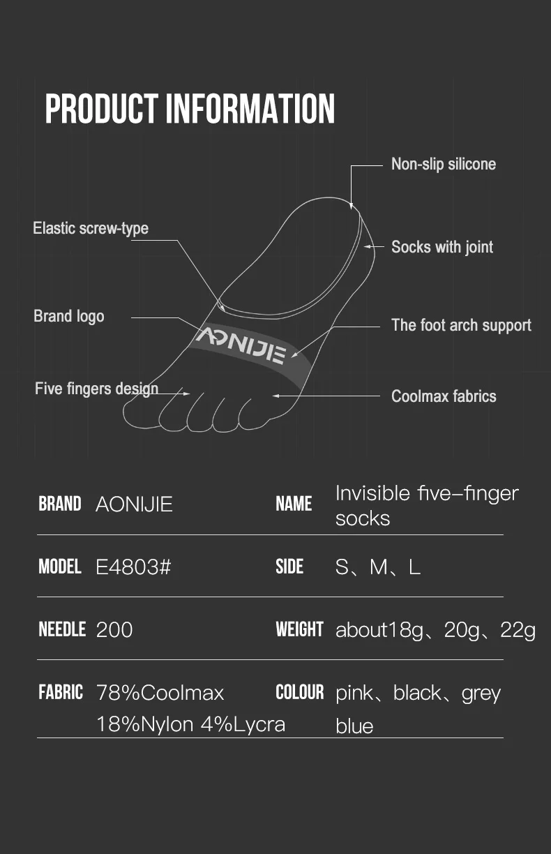 AONIJIE E4803 One Pair Sports Invisible Five toes Socks Antiskid Low-cut Liners Socks For Barefoot Running Shoes Marathon