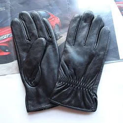 Winter Warm Leather Gloves Men's Sheepskin Fashion Simple Style Windproof and Cold Velvet Lining Driving Black Finger Gloves