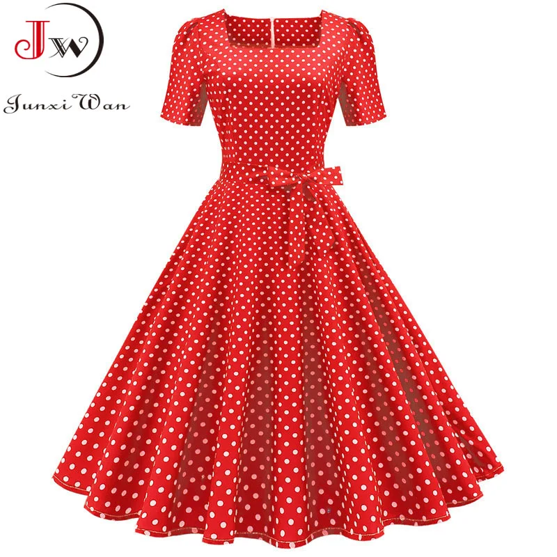 Polka Dot Vintage Dress Women Summer Elegant Short Sleeve Square Collar A-Line Midi Party Sundress 50s 60s Vestidos Plus Size