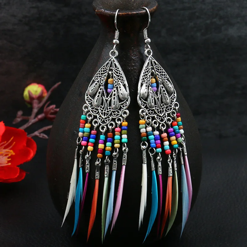 Bohemian Bobo Earrings Vintage Ethnic Rainbow Beads Feather Earrings for Women Dangle Earring Fashion Jewelry Boucle D'oreille