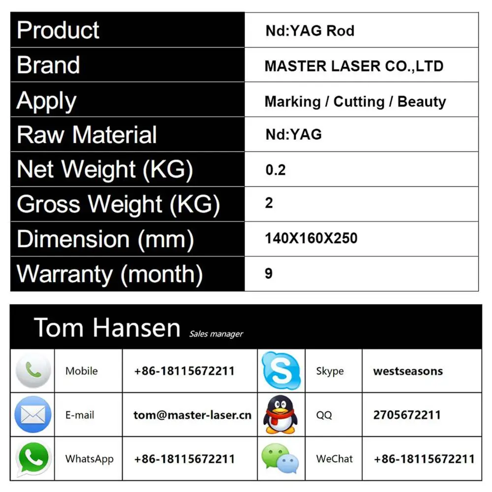 MASTER LASER Laser Welding Machine 1064nm ND: Yag Rod  8X185  7X185 7X165 7X160 7X100 6X145 6X130 6X120 4X185 4X100 3X78 3X65