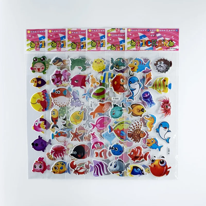 12 Sheets/Set Marine Fish Pattern Kids 3D Cartoon Stickers Bubble PVC Scrapbooking Sticker for Children Boys Girls Cute Gift