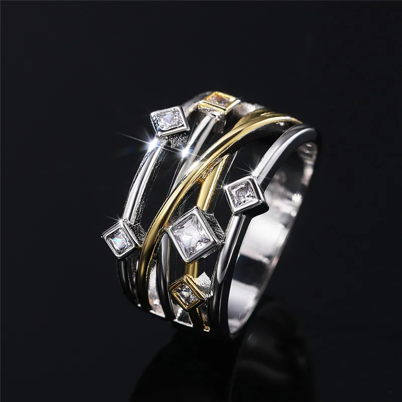 Huitan Geometric Shaped Women Finger Rings for Wedding Party Hollow Out Design Cross Shaped Statement Accessories Female Jewelry