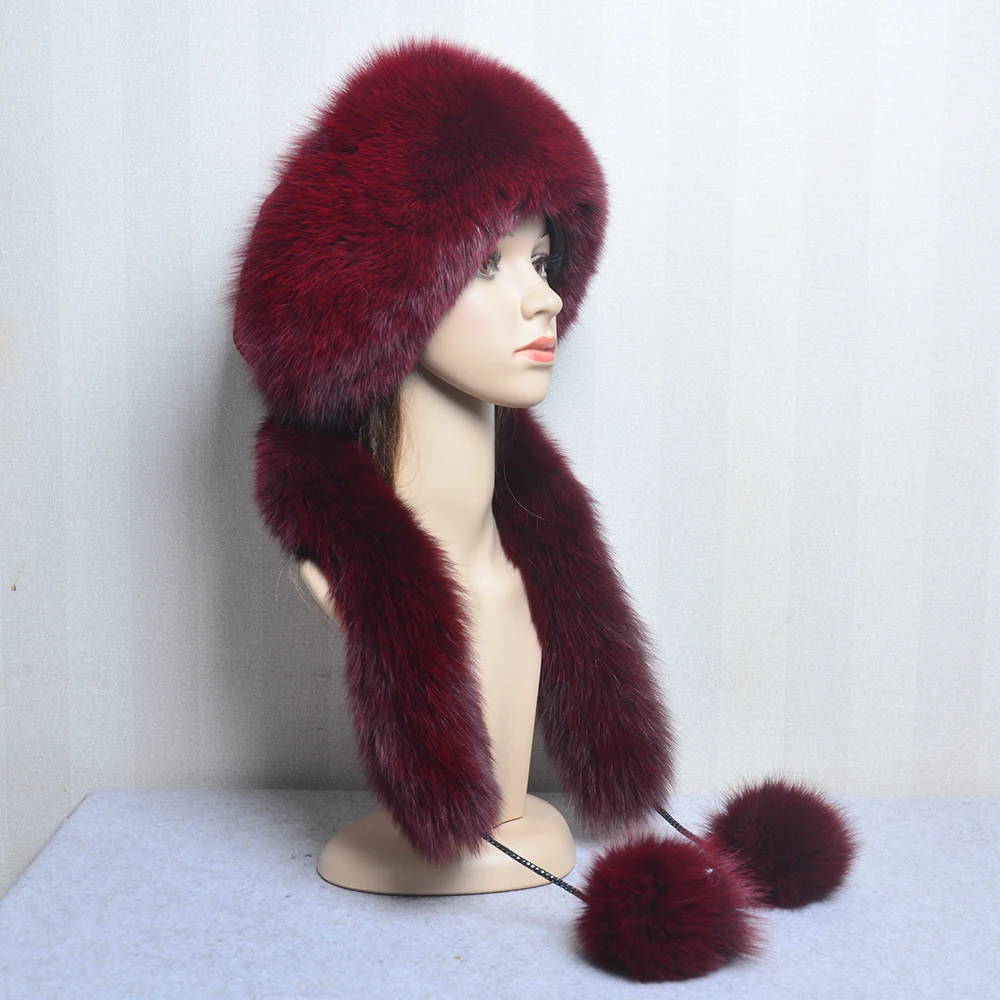 Women’s Winter Hat With Fox Fur Surround Can Be Used As a Scarf Women Russian Aviator Trapper fox Fur Rex Rabbit Fur Bomber Hat