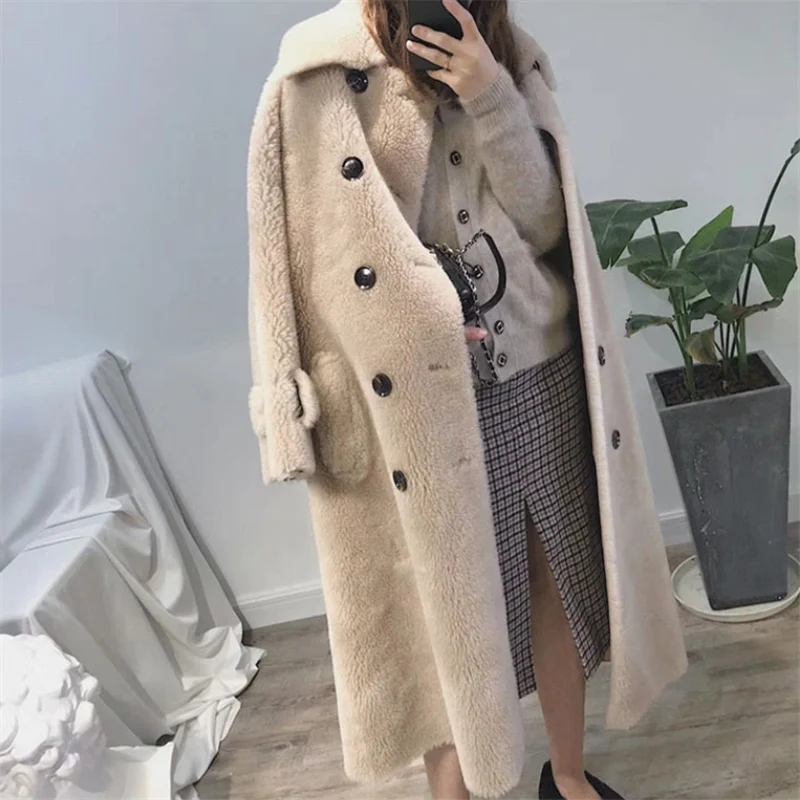 Autumn Winter Women Wool Fur Coat Korean New Fashion Button Pocket Granules Sheep Shearing Jacket Ladies Long Overcoat Tide H477