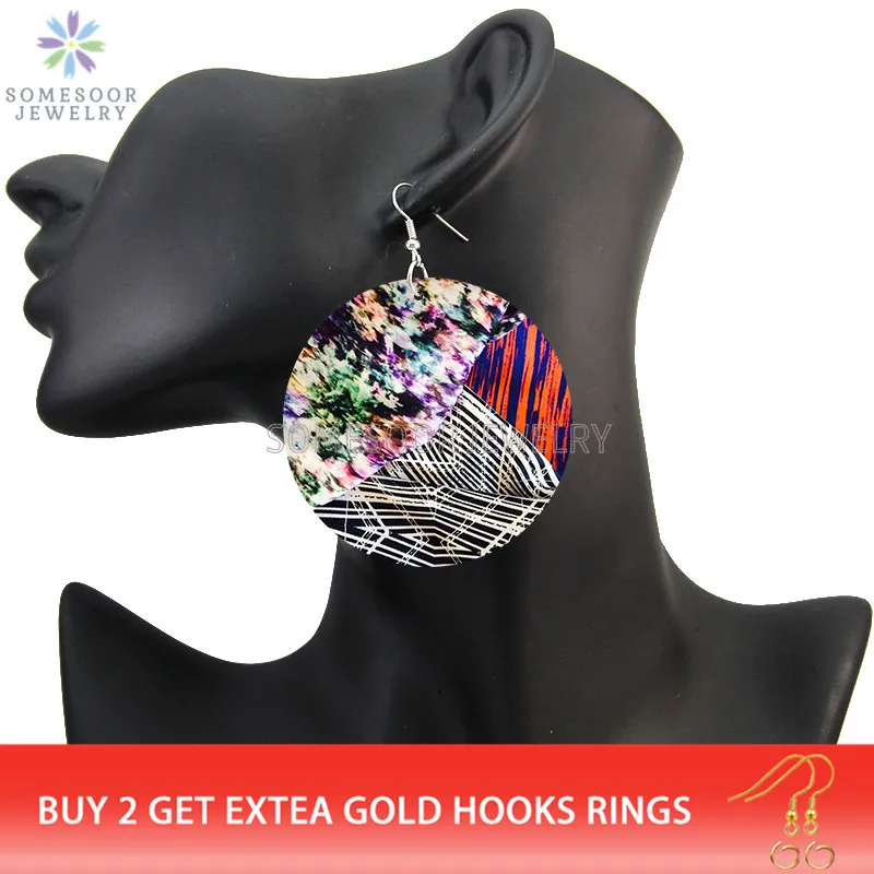 SOMESOOR Bohemian Arts Paint Wooden Drop Earrings Vintage Flower Pattern Both Sides Printed Circle Dangle Jewelry For Women Gift