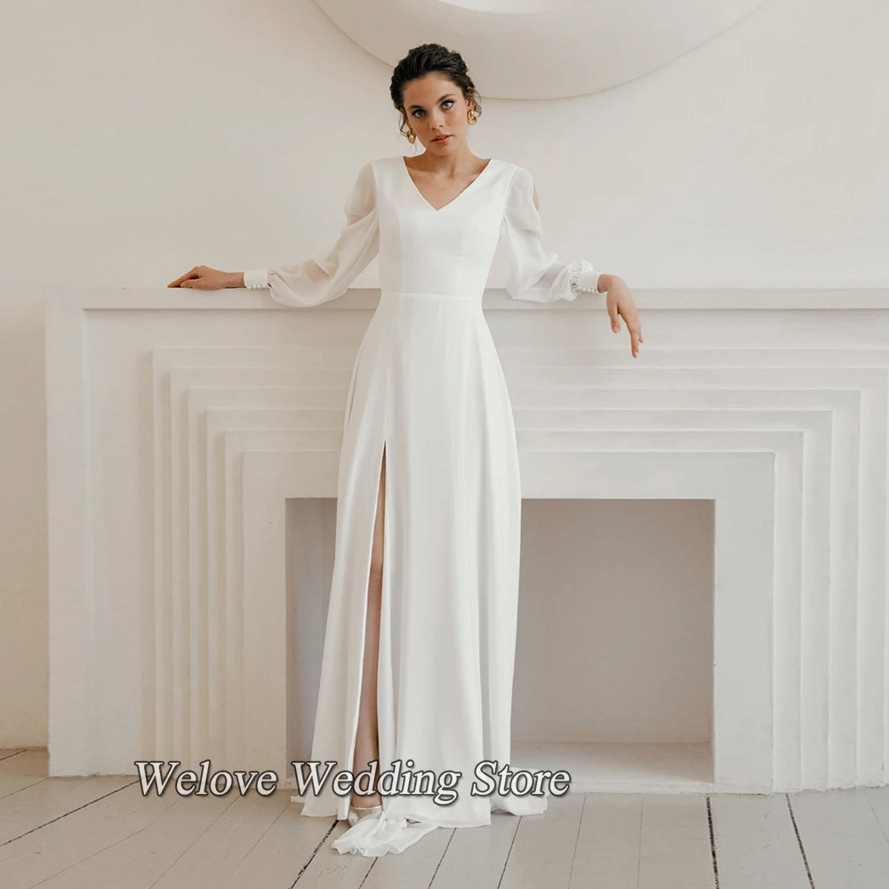 Elegante Sommer Chiffon Hochzeit Kleid Seiten-schlitz Lange Ärmel Bodenlangen 2022 Brautkleid Für Braut Weiß Benutzerdefinierte Einfarbig